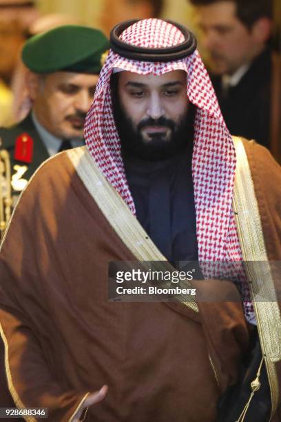 Mohammed bin Salman, Saudi Arabia's crown prince, leaves after meeting Theresa May, U.K. Prime minister, not pictured, at number 10 Downing Street in...