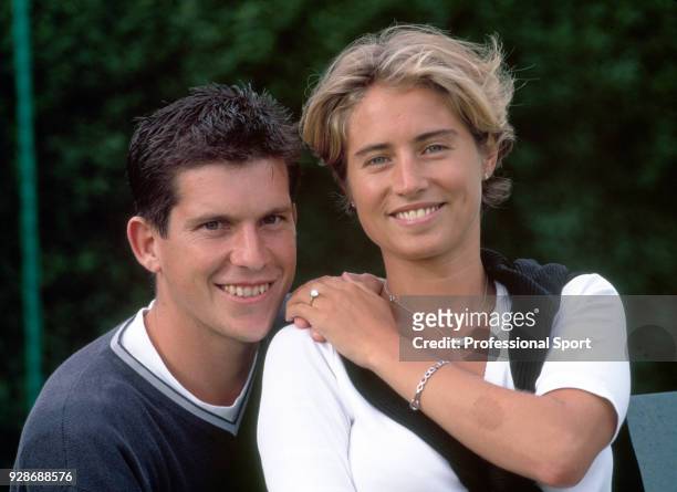 British tennis player Tim Henman and his fiance Lucy Heald pose together after announcing their engagement, circa 1999.