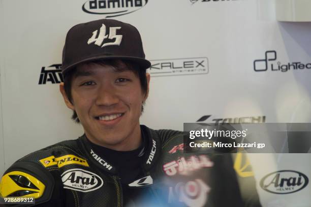 Tetsuta Nagashima of Japan and Idemitsu Honda Team Asia smiles in box during the Moto2 & Moto3 Tests In Jerez at Circuito de Jerez on March 7, 2018...