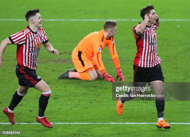 Lynden Gooch of Sunderland celebrates after he scores from the penalty spot during the Premier League International Cup match between Sunderland U23...