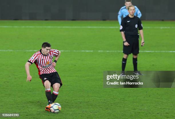 Lynden Gooch of Sunderland scores from the penalty spot during the Premier League International Cup match between Sunderland U23 and Newcastle United...