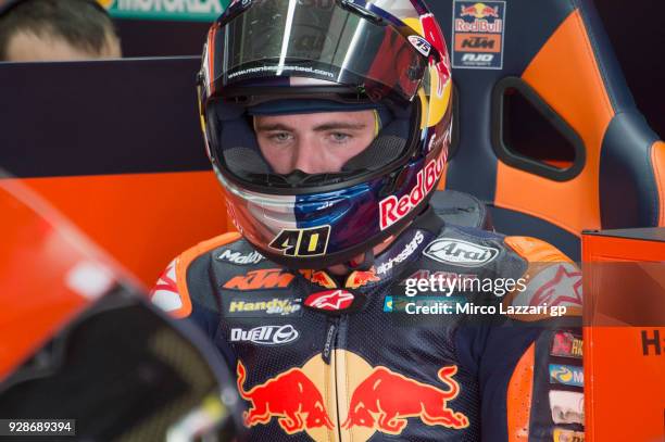 Brad Binder of South Africa and Red Bull KTM Ajo looks on in box during the Moto2 & Moto3 Tests In Jerez at Circuito de Jerez on March 7, 2018 in...