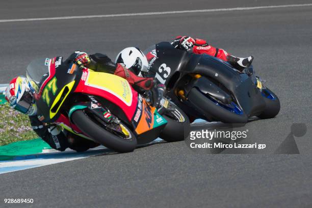 Dominique Aegerter of Swiss and Kiefer Racing leads the field during the Moto2 & Moto3 Tests In Jerez at Circuito de Jerez on March 7, 2018 in Jerez...