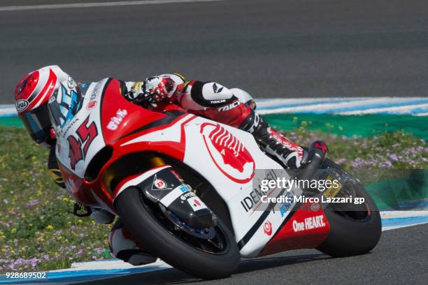 Tetsuta Nagashima of Japan and Idemitsu Honda Team Asia rounds the bend during the Moto2 & Moto3 Tests In Jerez at Circuito de Jerez on March 7, 2018...