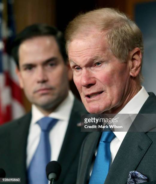 Sen. Marco Rubio, , , and Sen. Bill Nelson , speak to the media while unveiling legislation on gun violence restraining orders in the wake of the...
