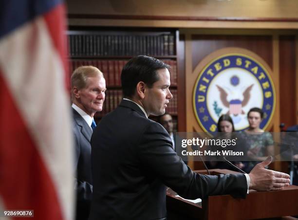 Sen. Marco Rubio, , , and Sen. Bill Nelson , speak to the media while unveiling legislation on gun violence restraining orders in the wake of the...