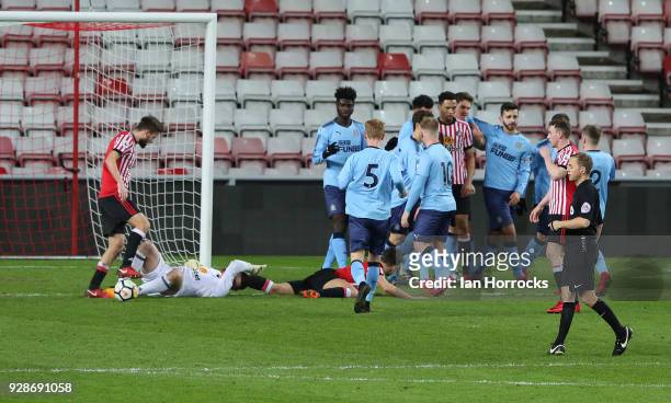 Newcastle players celebrate opening the scoring during the Premier League International Cup match between Sunderland U23 and Newcastle United U23 at...