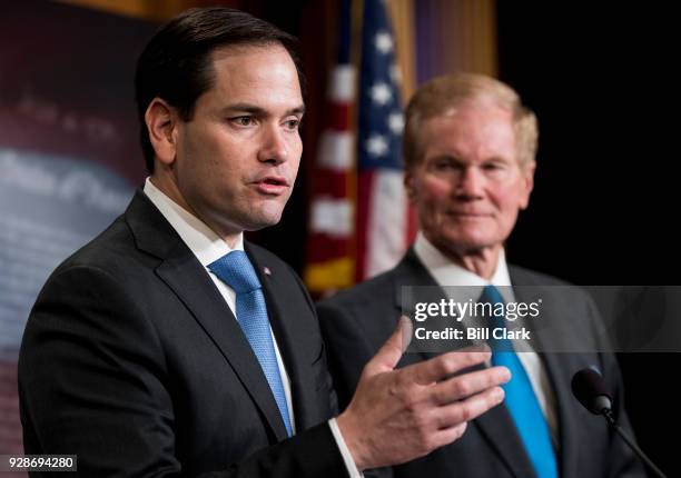 Sen. Marco Rubio, R-Fla., left, and Sen. Bill Nelson, D-Fla., hold a press conference on their gun violence restraining order bill on Wednesday,...