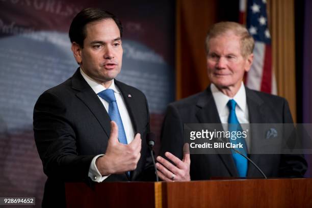 Sen. Marco Rubio, R-Fla., left, and Sen. Bill Nelson, D-Fla., hold a press conference on their gun violence restraining order bill on Wednesday,...