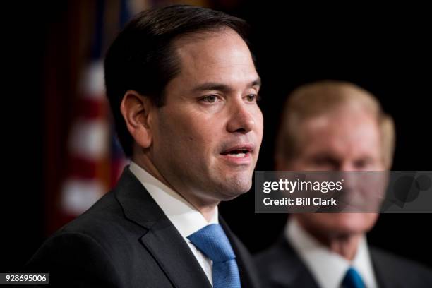 Sen. Marco Rubio, R-Fla., left, and Sen. Bill Nelson, D-Fla., hold a press conference on their gun violence restraining order bill on Wednesday,...