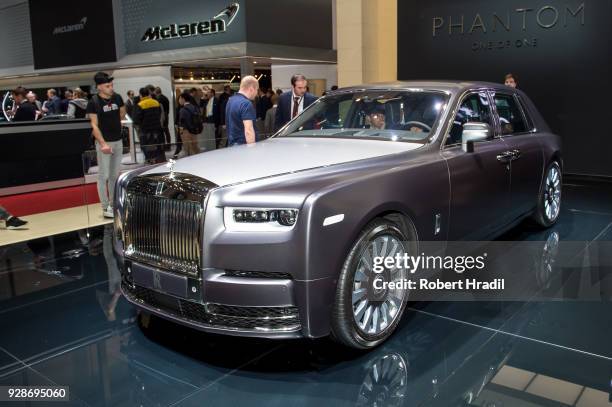 Rolls-Royce Phantom is displayed at the 88th Geneva International Motor Show on March 7, 2018 in Geneva, Switzerland. Global automakers are...