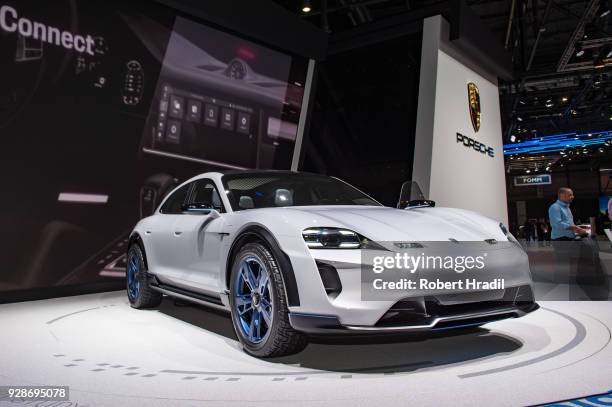 Porsche Mission E Cross Turismo is displayed at the 88th Geneva International Motor Show on March 7, 2018 in Geneva, Switzerland. Global automakers...