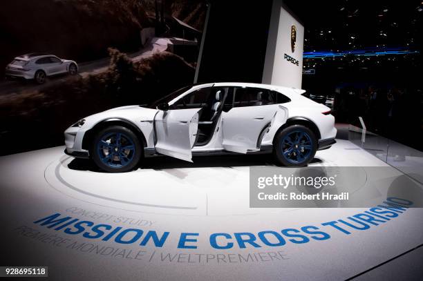 Porsche Mission E Cross Turismo is displayed at the 88th Geneva International Motor Show on March 7, 2018 in Geneva, Switzerland. Global automakers...