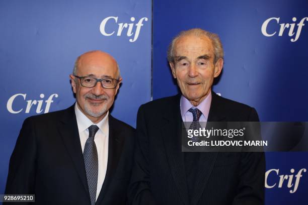 President Francis Kalifat and former French Justice Minister, Robert Badinter pose as they attend the 33rd annual dinner of the Representative...