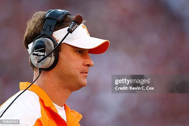 Head coach Lane Kiffin of the Tennessee Volunteers against the Alabama Crimson Tide at Bryant-Denny Stadium on October 24, 2009 in Tuscaloosa,...