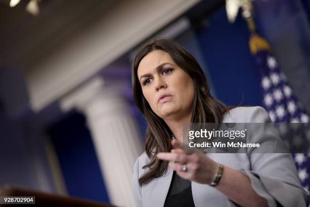 White House Press Secretary Sarah Huckabee Sanders answers questions during a briefing at the White House on March 7, 2018 in Washington, DC. Sanders...