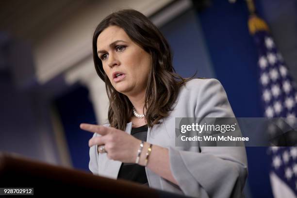 White House Press Secretary Sarah Huckabee Sanders answers questions during a briefing at the White House on March 7, 2018 in Washington, DC. Sanders...