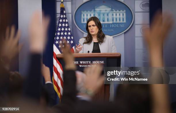 White House Press Secretary Sarah Huckabee Sanders answers questions during a briefing at the White House on March 7, 2018 in Washington, DC. Sanders...