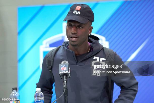 Florida State defensive back Tarvarus Mcfadden answers questions from the media during the NFL Scouting Combine on March 04, 2018 at Lucas Oil...