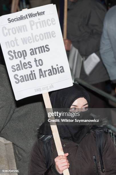 Coalition of UK human rights organisations stages a protest outside Downing Street against the Saudi Arabia's and UK's role in the humanitarian...