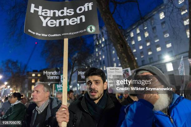 Coalition of UK human rights organisations stages a protest outside Downing Street against the Saudi Arabia's and UK's role in the humanitarian...