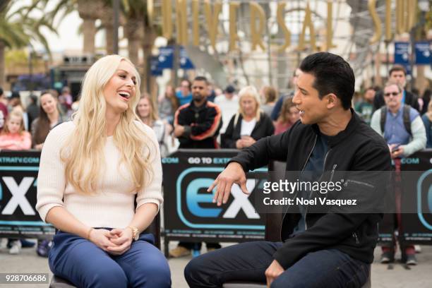 Lindsey Vonn and Mario Lopez visit "Extra" at Universal Studios Hollywood on March 7, 2018 in Universal City, California.