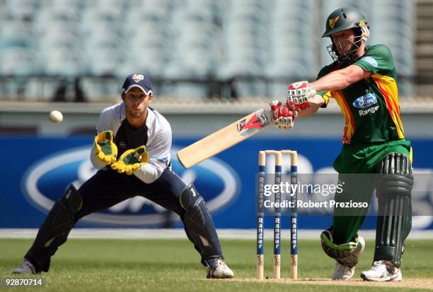 Rhett Lockyear of the Tigers plays a shot during the Ford Ranger Cup match between the Victorian Bushrangers and the Tasmanian Tigers at Melbourne...