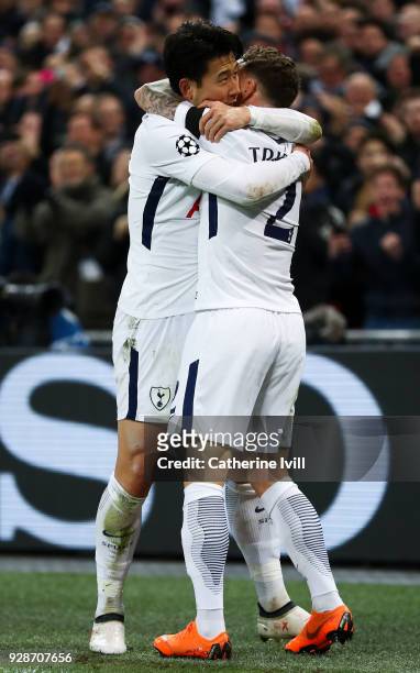Heung-Min Son of Tottenham Hotspur celebrates with his team mate Kieran Trippier of Tottenham Hotspurafter scoring his team's first goal during the...
