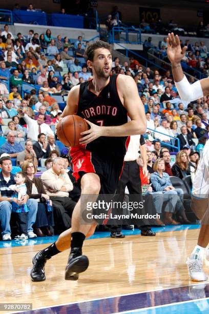 Andrea Bargnani of the Toronto Raptors drives against the New Orleans Hornets on November 6, 2009 at the New Orleans Arena in New Orleans, Louisiana....
