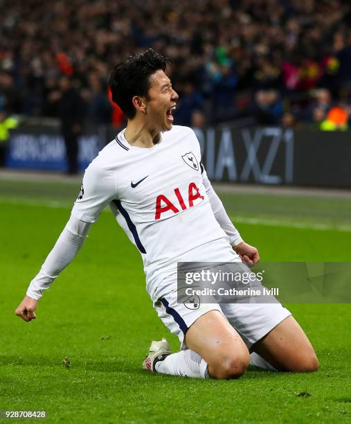 Heung-Min Son of Tottenham Hotspur celebrates after scoring his team's first goal during the UEFA Champions League Round of 16 Second Leg match...