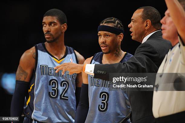 Head Coach Lionel Hollins of the Memphis Grizzlies directs O.J. Mayo and Allen Iverson against the Los Angeles Lakers at Staples Center on November...