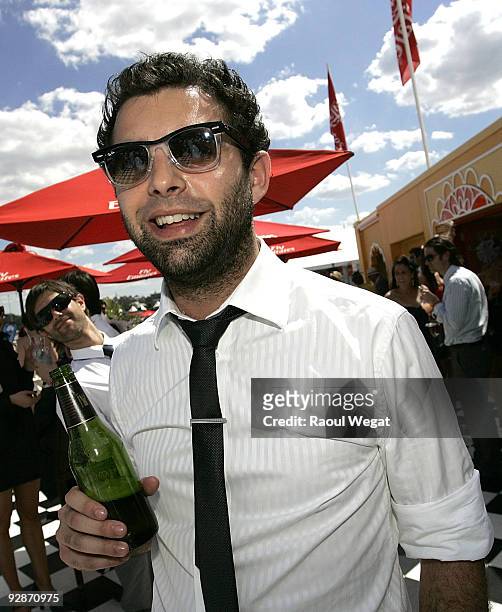 Comedian Ryan Shelton poses in the Emirates marquee during Emirates Stakes Day at Flemington Racecourse on November 7, 2009 in Melbourne, Australia.