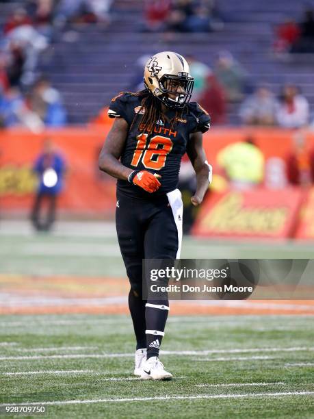 Linebacker Shaquem Griffin from Central Florida on the South Team during the 2018 Resse's Senior Bowl game at Ladd-Peebles Stadium on January 27,...