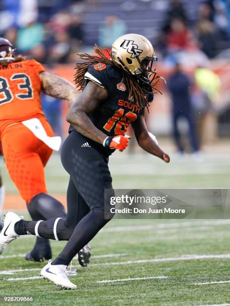 Linebacker Shaquem Griffin from Central Florida on the South Team during the 2018 Resse's Senior Bowl game at Ladd-Peebles Stadium on January 27,...