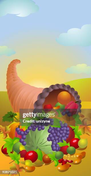 thanksgiving background with cornucopia - dried apricots stock illustrations