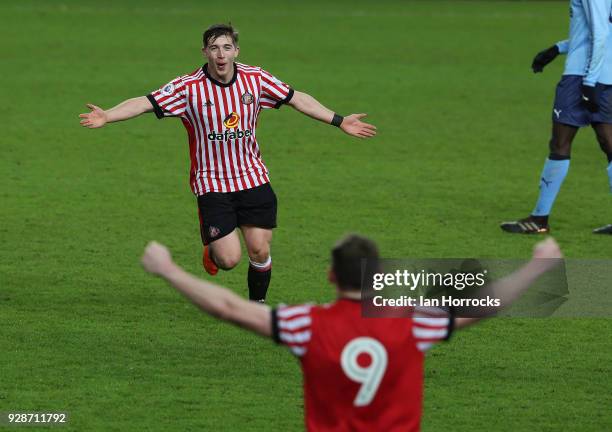 Lynden Gooch of Sunderland celebrates after he scores the second Sunderland goal during the Premier League International Cup match between Sunderland...