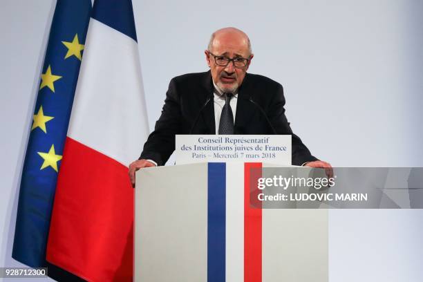 President Francis Kalifat delivers a speech during the 33rd annual dinner of the Representative Council of Jewish Institutions of France on March 7...