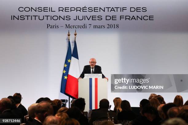 President Francis Kalifat delivers a speech during the 33rd annual dinner of the Representative Council of Jewish Institutions of France on March 7...