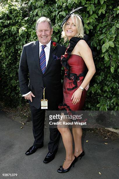 Lord Mayor Robert Doyle and Emma Page Campbell pose outside the Emirates marquee during Emirates Stakes Day at Flemington Racecourse on November 7,...