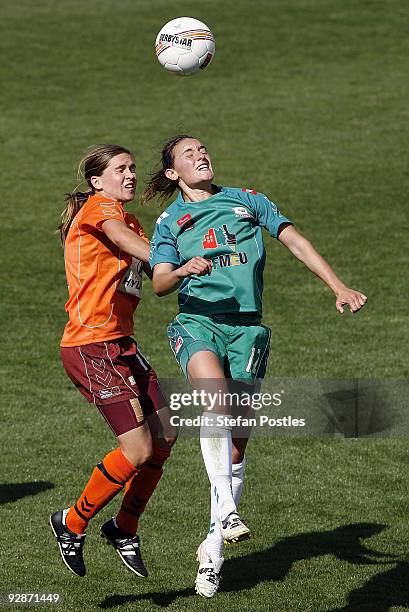 Snez Veljanovska of United and Lana Harch of the Roar compete for the ball during the round six W-League match between Canberra United and the...