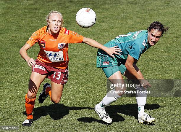 Tameka Butt of the Roar and Snez Veljanovska of United compete for the ball during the round six W-League match between Canberra United and the...