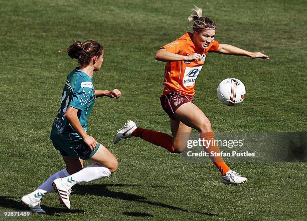 Brooke Spence of the Roar controls the ball during the round six W-League match between Canberra United and the Brisbane Roar at McKellar Park on...