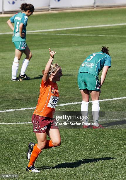 Elise Kellond-Knight of the Roar celebrates scoring during the round six W-League match between Canberra United and the Brisbane Roar at McKellar...