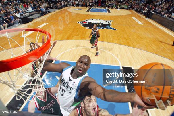 Nathan Jawai of the Minnesota Timberwolves shoots a layup against Carlos Delfino of the Milwaukee Bucks during the game on November 6, 2009 at the...