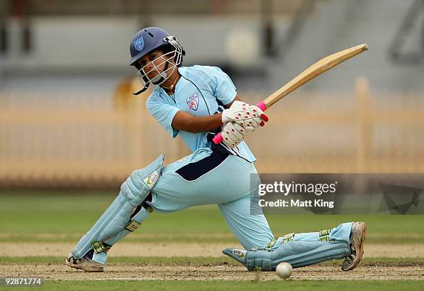 Lisa Sthalekar of the Breakers sweeps during the WNCL match between the New South Wales Breakers and the Queensland Fire at North Sydney Oval on...