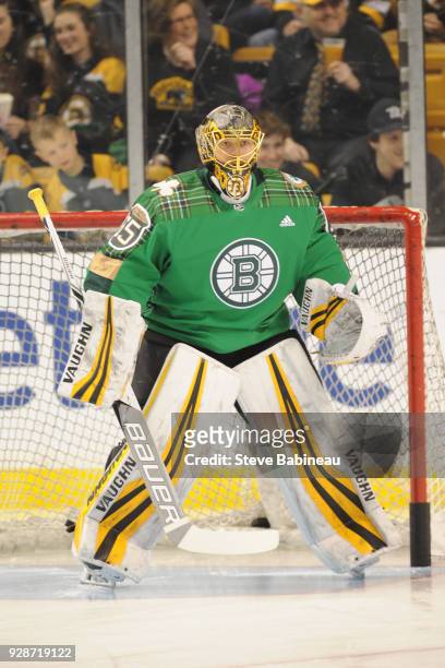 Anton Khudobin of the Boston Bruins wearing the Irish Heritage Night warm up jersey before the game against the Detroit Red Wings at the TD Garden on...