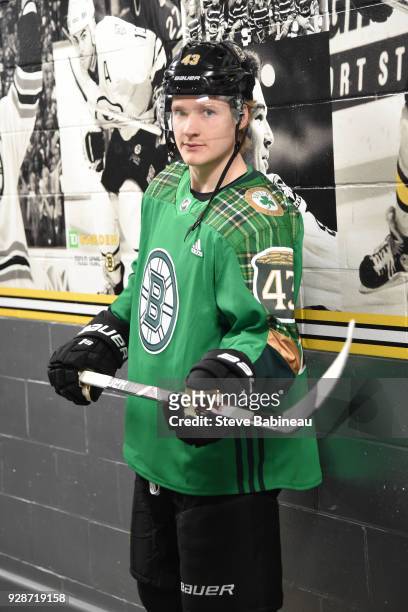 Danton Heinin of the Boston Bruins wearing the Irish Heritage Night warm up jersey before the game against the Detroit Red Wings at the TD Garden on...