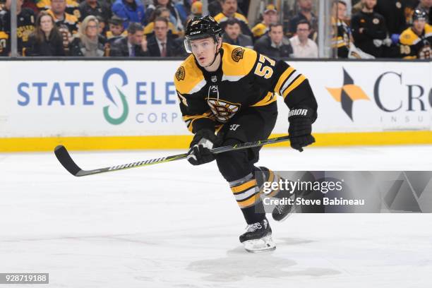 Tommy Wingels of the Boston Bruins skates against the Detroit Red Wings at the TD Garden on March 6, 2018 in Boston, Massachusetts.