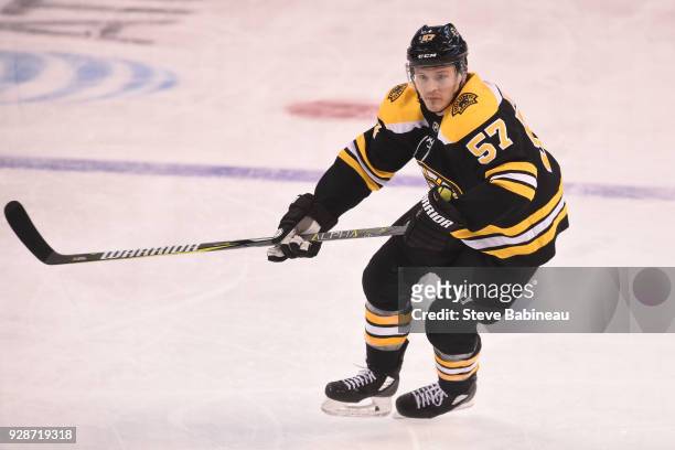 Tommy Wingels of the Boston Bruins skates against the Detroit Red Wings at the TD Garden on March 6, 2018 in Boston, Massachusetts.