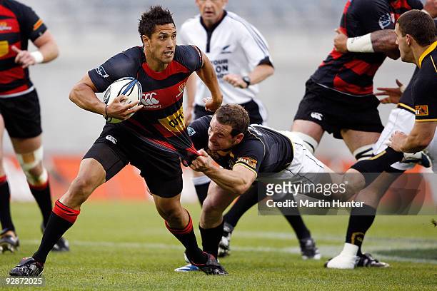 Steven Brett of Canterbury is tackled during the Air New Zealand Cup Final match between Canterbury and Wellington at AMI Stadium on November 7, 2009...